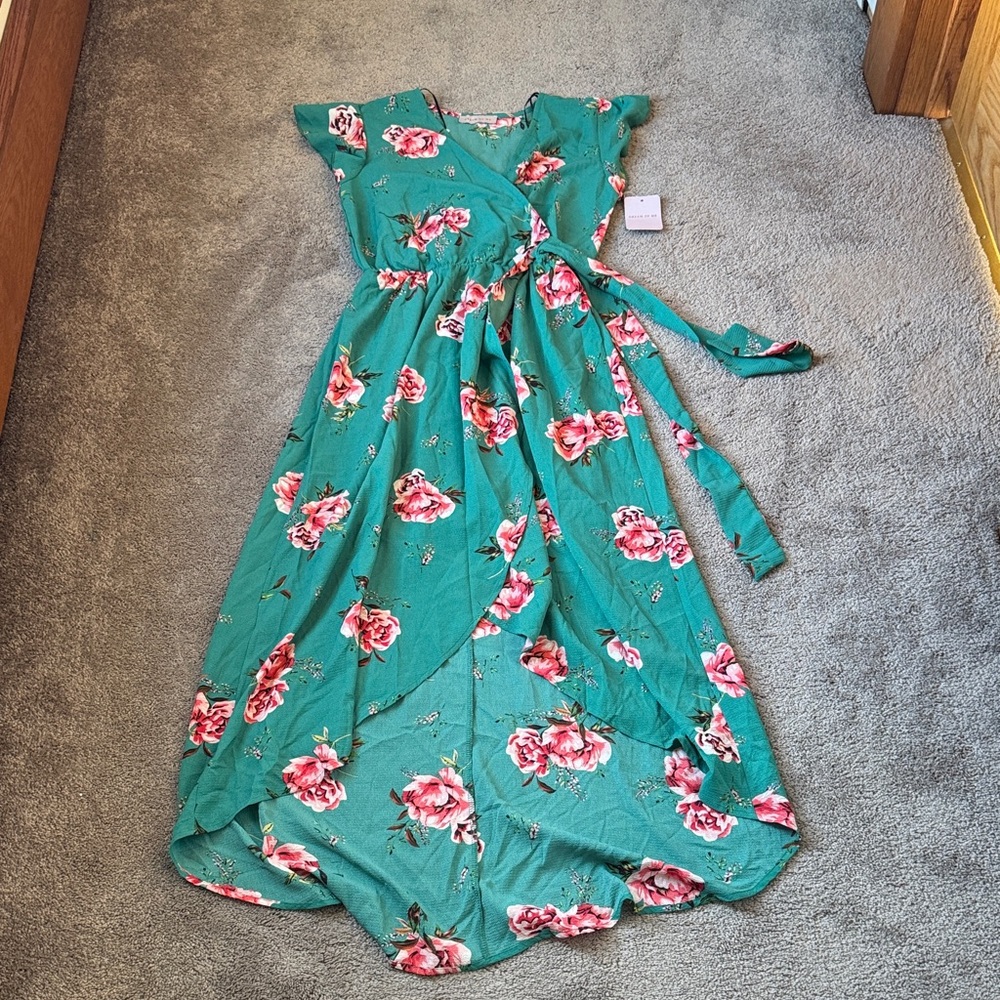 Dream Of Me Teal Pink Floral Wrap Midi Dress Tie Waist Flutter SIZE M